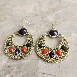 Stony Vintage Gold Tone Filigree Multi-Colored Stone Door Knocker Style Earrings